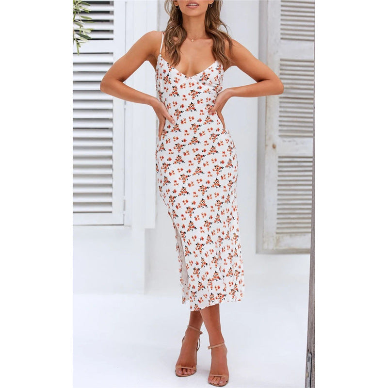 Floral Deep V Suspender Split Dress - Women's Spaghetti Strap Summer Dress